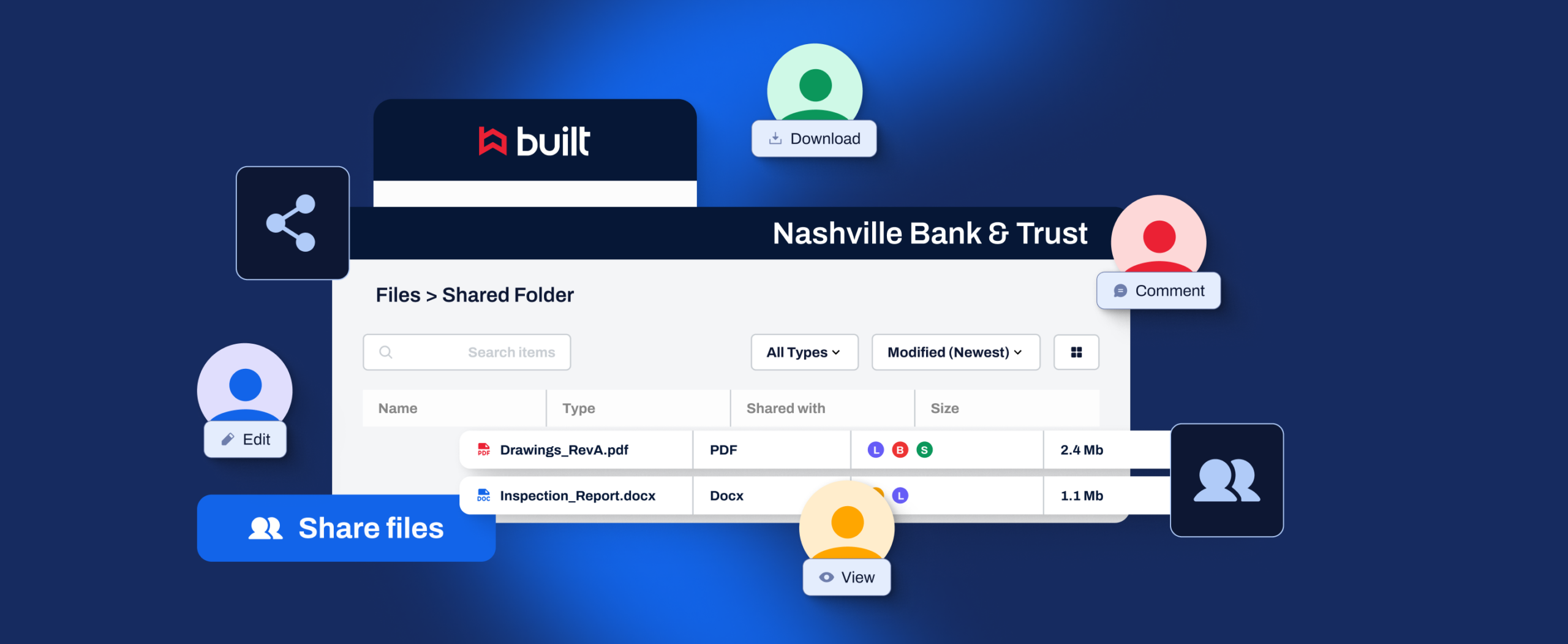 Illustration of a collaborative construction loan document management platform showing lenders, draw administrators, and project stakeholders sharing files, commenting, editing, viewing, and downloading project documents within a centralized workspace.