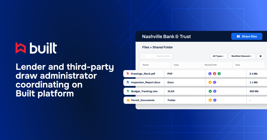 Built platform illustration showing a lender and third-party draw administrator collaborating on shared construction loan documents, reports, budgets, and project files through a centralized document management system.
