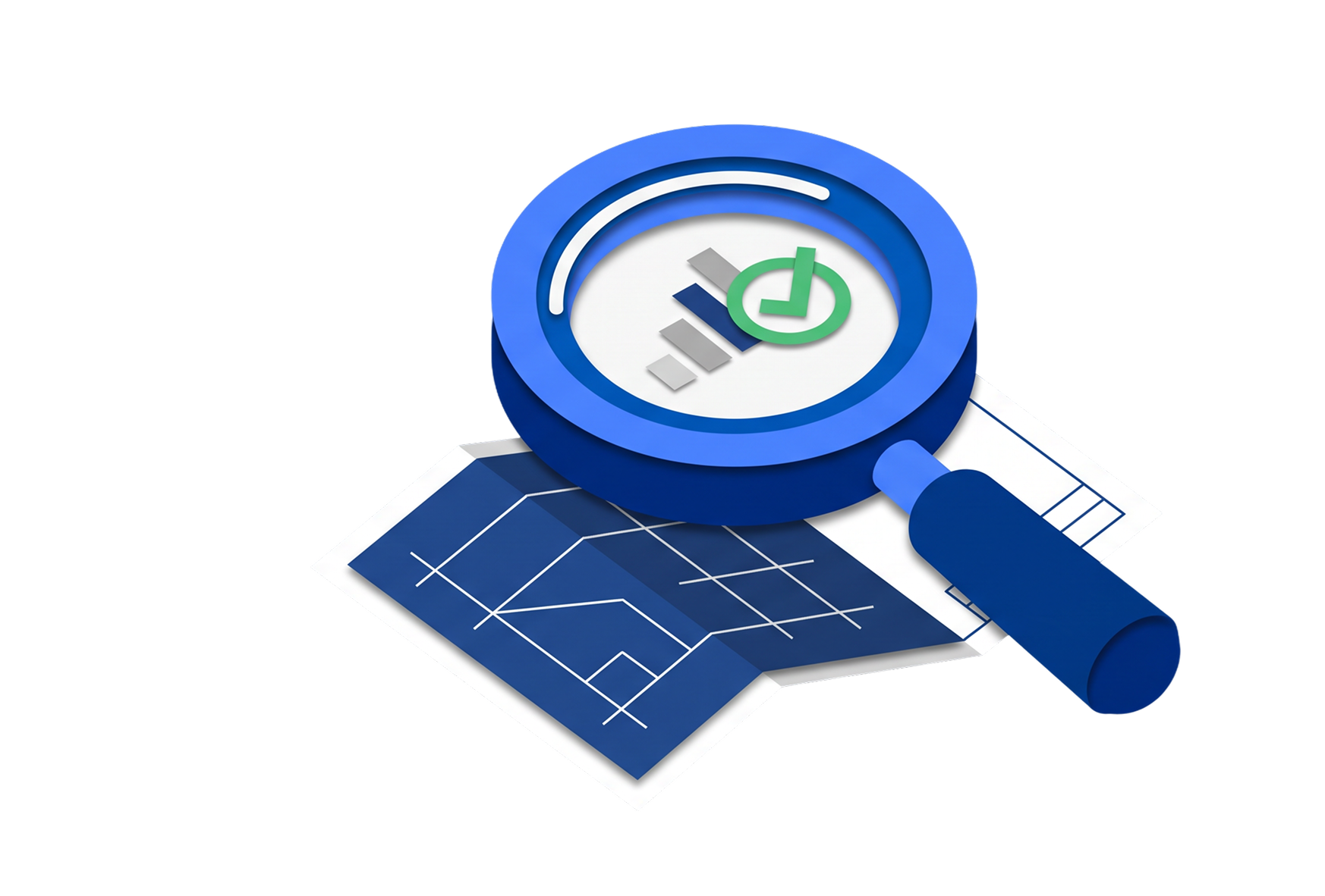 Magnifying glass highlighting construction plans and project performance metrics to represent construction risk assessment and due diligence