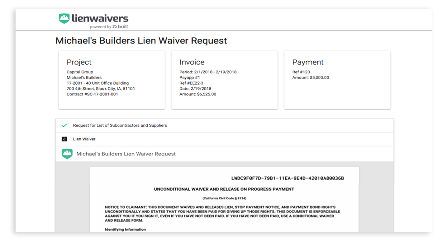 Lower Tier Lien Waiver Management Platform