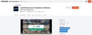 A screenshot of as webpage showing MyCOI integration with Procore