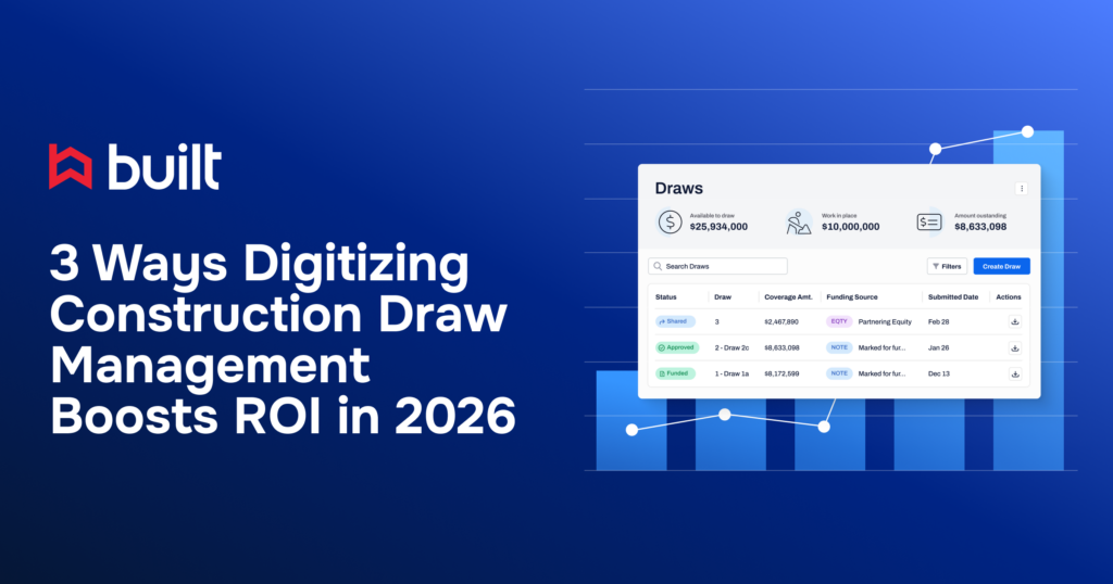 Built graphic titled “3 Ways Digitizing Construction Draw Management Boosts ROI in 2026” with construction loan dashboard and performance chart.