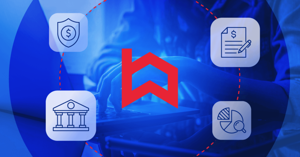 Built logo over a blue-tinted background of someone working on a laptop, surrounded by icons representing insurance, banking, contracts, and financial reporting connected in a digital workflow.