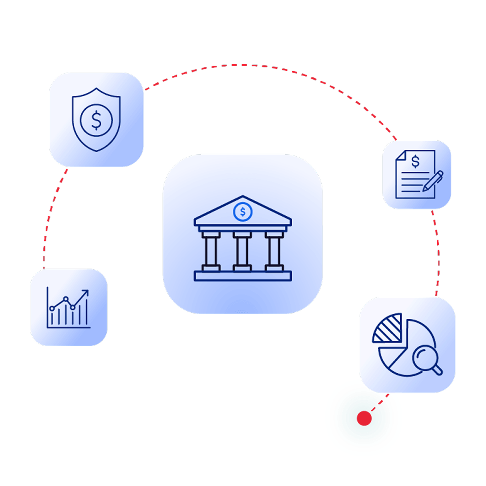 Illustration of a central banking icon connected to insurance, contract, analytics, and reporting icons, representing an integrated construction lending and financial management platform.