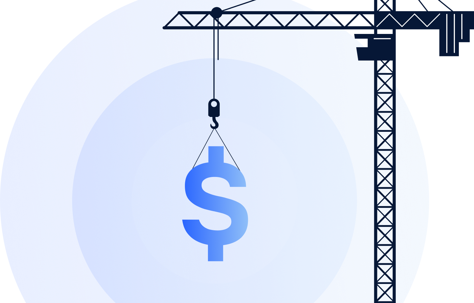 Construction crane lifting a large dollar sign, representing financing or funds in construction projects