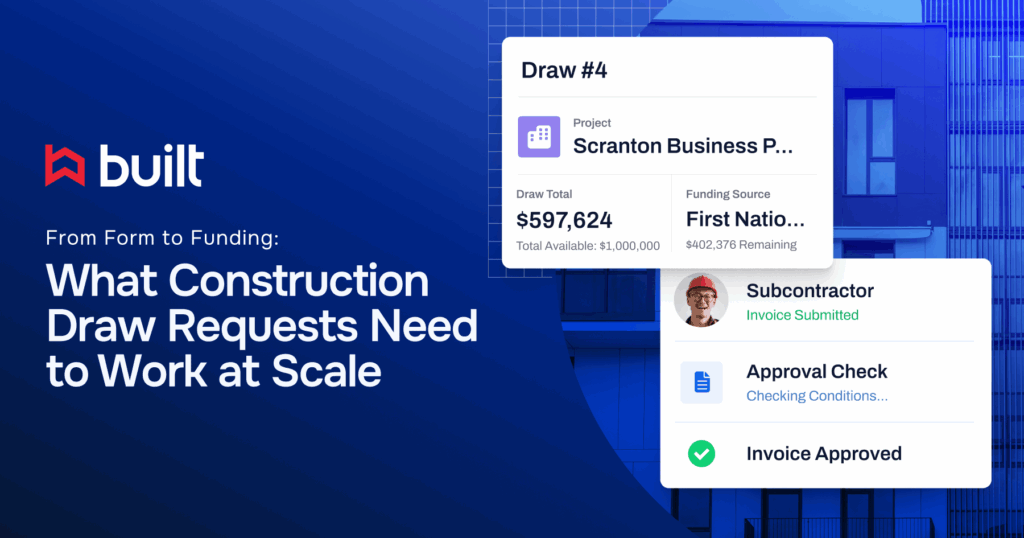Graphic showing a digital construction draw request with project, funding source, and approval checkpoints, reinforcing the theme: “From Form to Funding: What Construction Draw Requests Need to Work at Scale” with Built’s logo and brand colors.