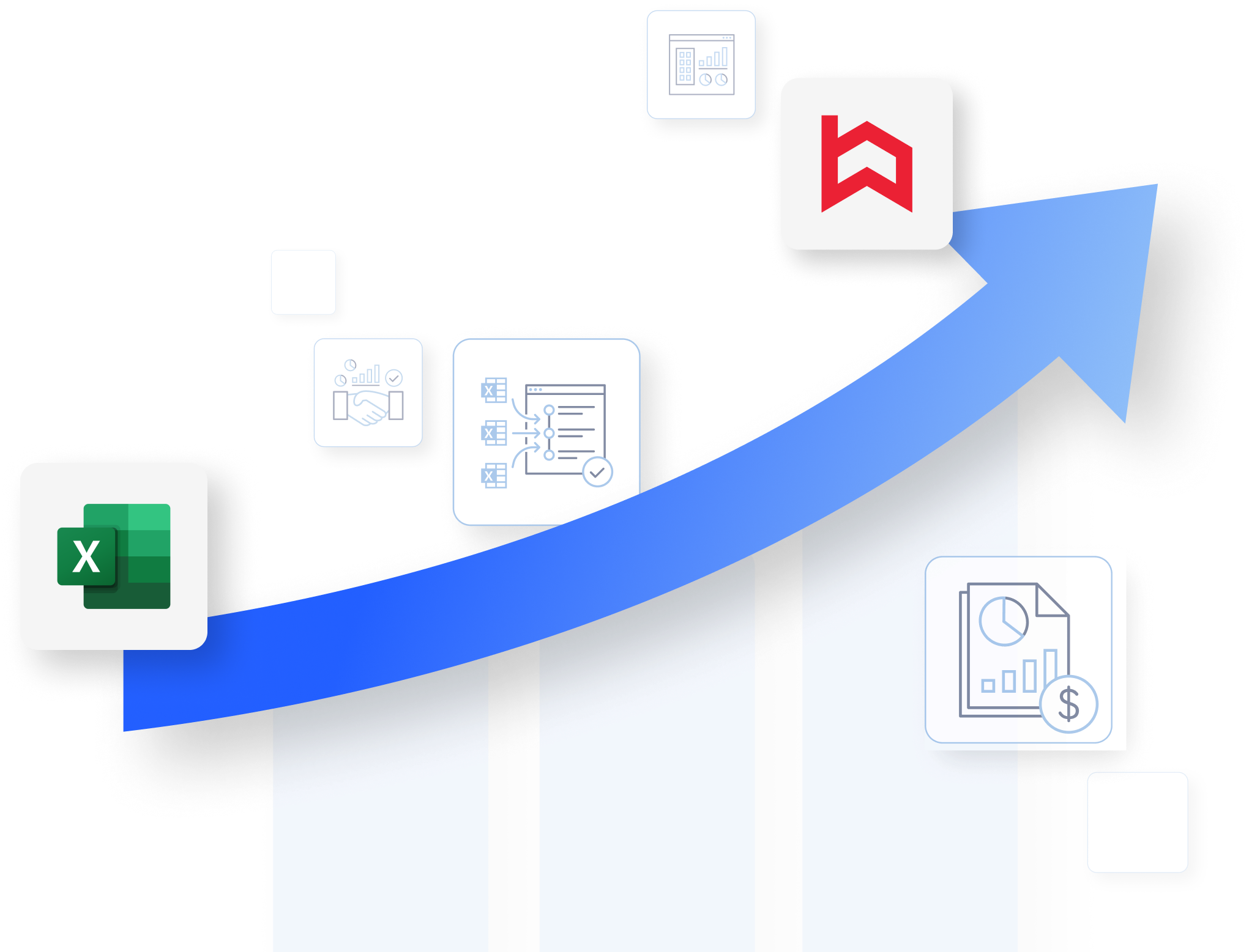 Upward arrow illustrating project growth from Excel spreadsheets to integrated construction draw software solutions