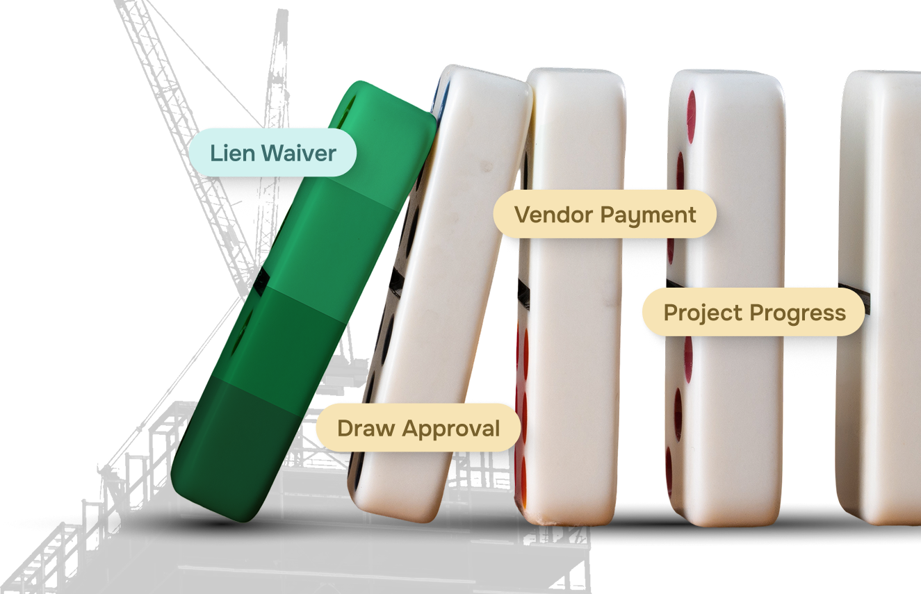 Illustration of construction workflows breaking down—depicting scattered data, slow draw approvals, and missed lien waivers—highlighting how Excel can’t scale for real estate developers managing complex projects.