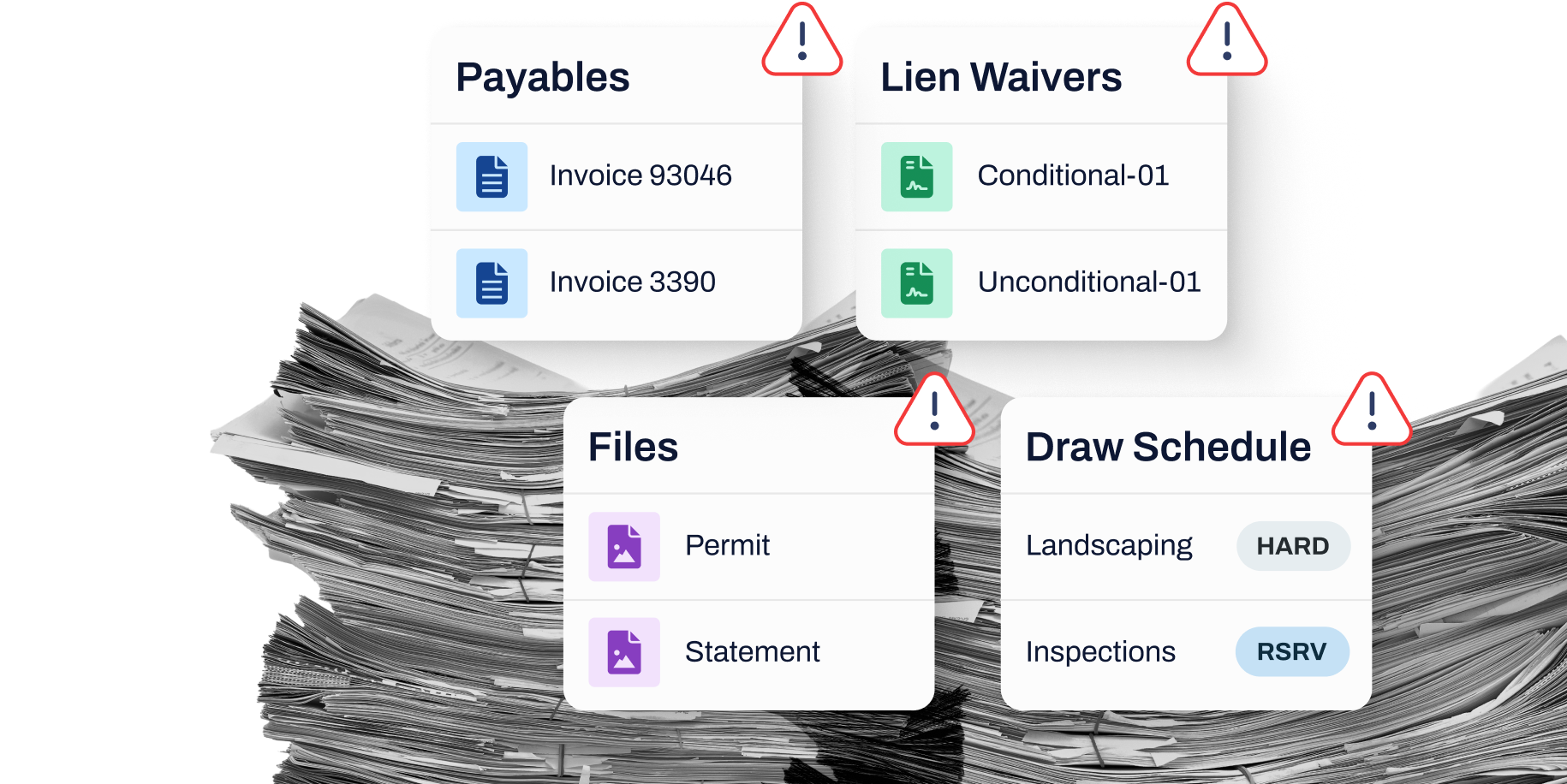 Accounting for construction loan draws: manual steps like payables, lien waivers, files, and draw schedules shown with warning icons to highlight financial risk.