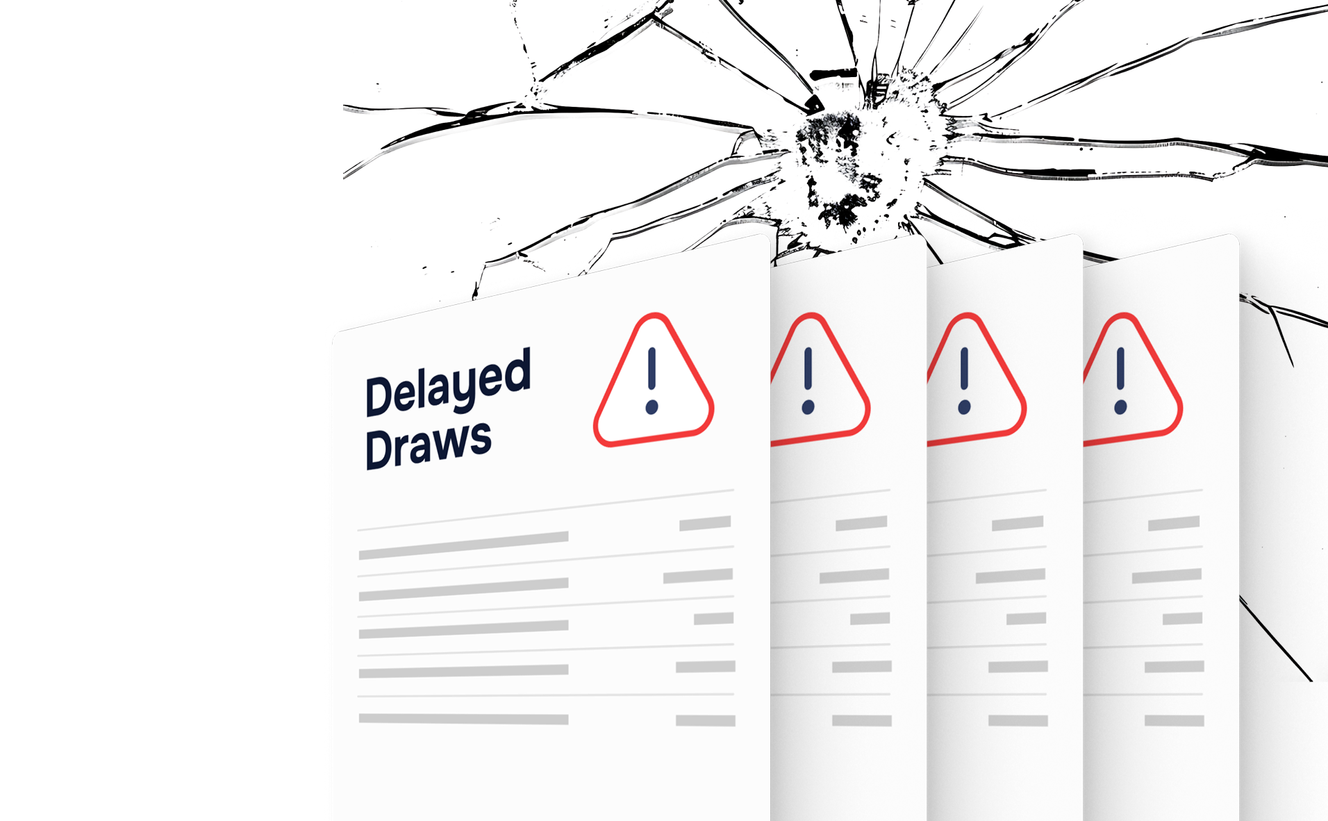 Stack of delayed construction draw documents with warning icons in front of a cracked glass background, symbolizing risk and operational breakdown.