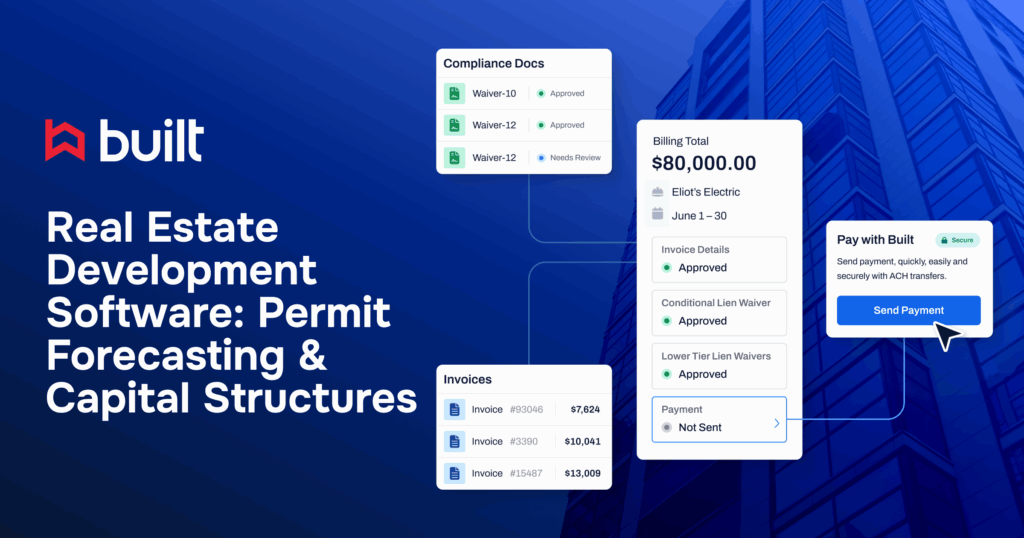 Built real estate development software interface showing permit forecasting, capital structure workflows, invoices, compliance documents, and ACH payment options