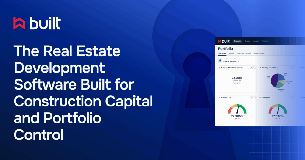Built Technologies software dashboard showing portfolio metrics and graphs with headline text: ‘The Real Estate Development Software Built for Construction Capital and Portfolio Control