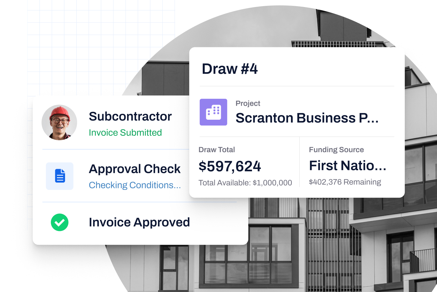 Hero image for article titled “What Construction Draw Requests Need to Work at Scale,” featuring a digital interface of a draw request showing project details, invoice submission, and approval progress—visualizing the end-to-end capital workflow for owner-developers.