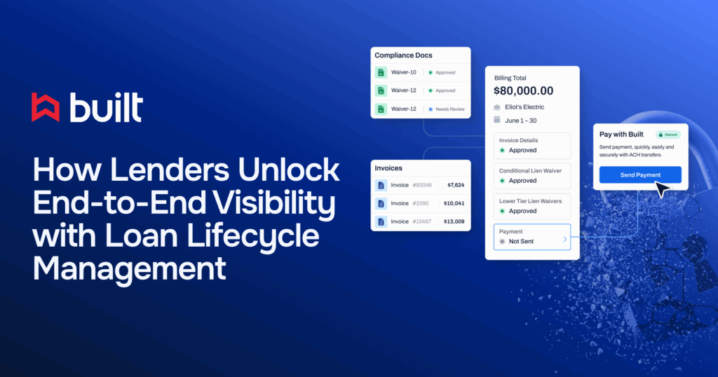 Built Technologies marketing graphic with headline ‘How Lenders Unlock End-to-End Visibility with Loan Lifecycle Management,’ featuring a platform mockup showing compliance documents, invoices, billing totals, lien waiver approvals, and ACH payment scheduling