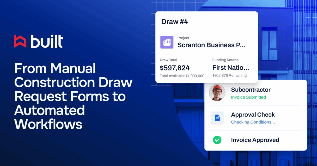 Graphic showing a digital construction draw request with project, funding source, and approval checkpoints, reinforcing the theme: “From Form to Funding: What Construction Draw Requests Need to Work at Scale” with Built’s logo and brand colors.