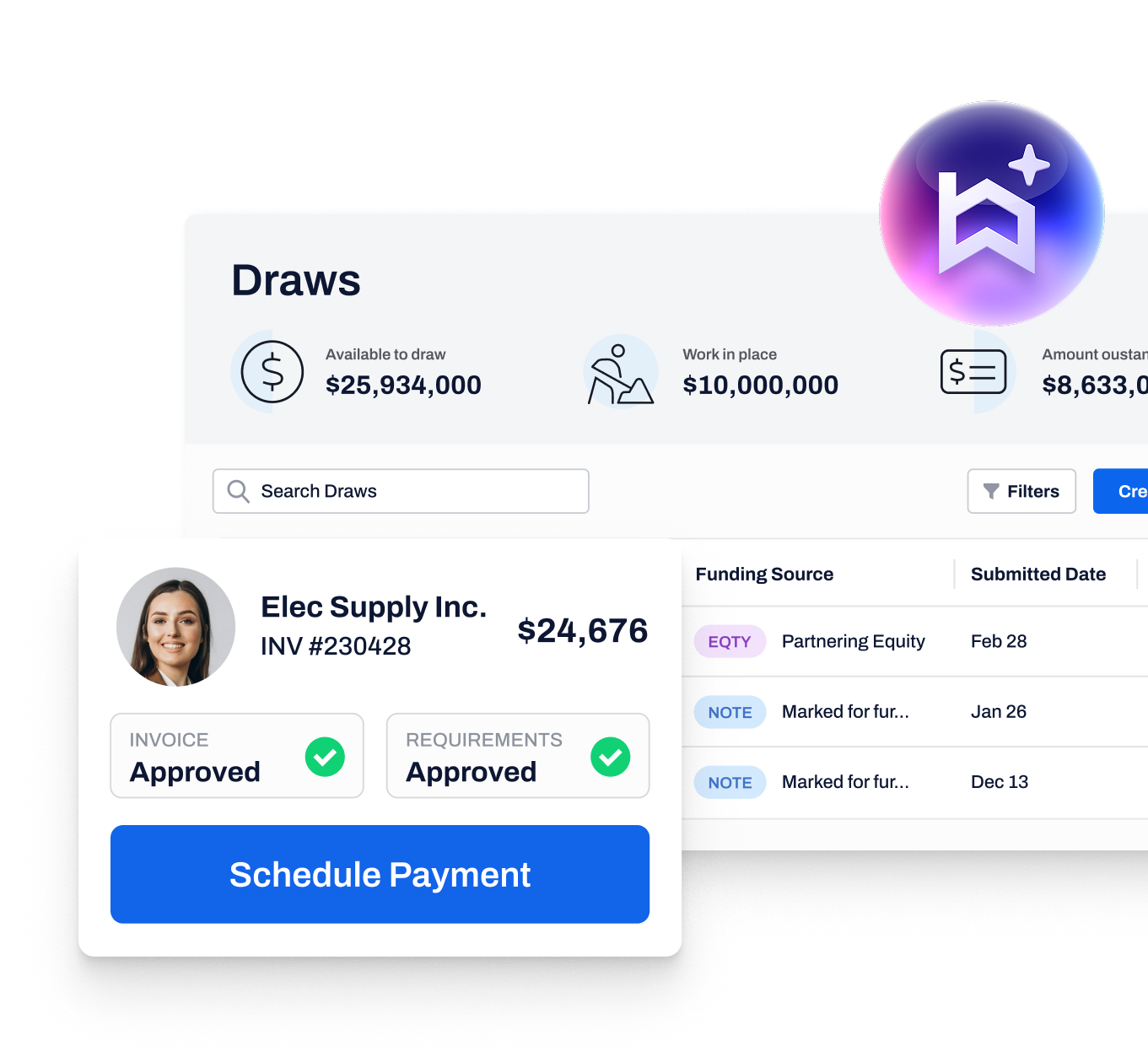 AI Draw Agent interface showing draw management dashboard with available funds, work in place, amount outstanding, and an approved invoice ready for payment scheduling.