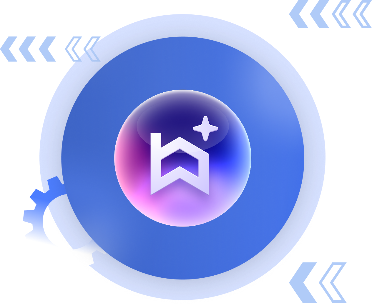 Built Technologies icon inside a circular gradient with gear graphics and arrow accents.