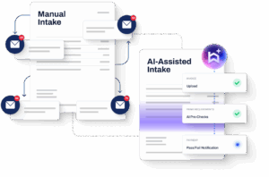 “Comparison graphic showing manual draw intake with high email volume versus AI-assisted intake that automates invoice uploads, pre-checks, and pass/fail notifications within the Built Draw Agent.”