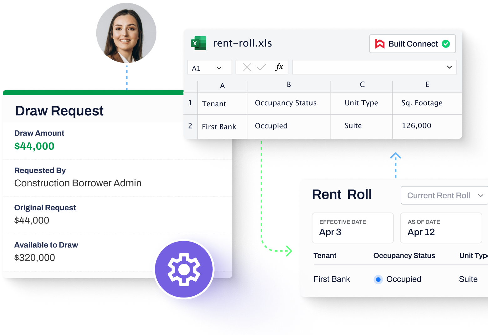Example of Built’s construction loan management interface showing a draw request and rent roll integration with Excel, automating draw approvals for lenders.
