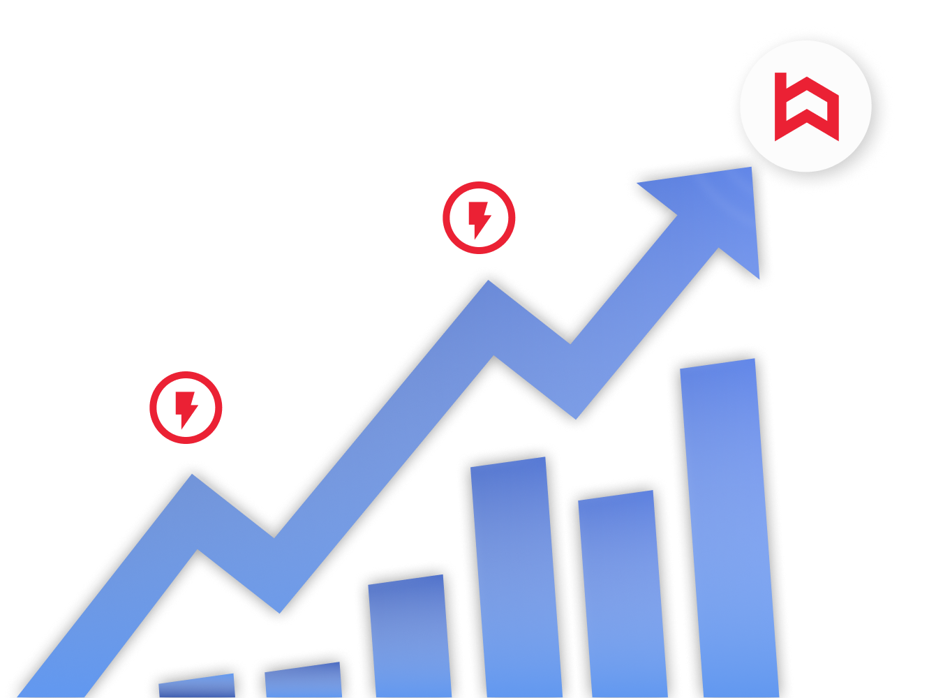 A rising blue bar chart with an upward arrow and red Built icons highlighting growth.