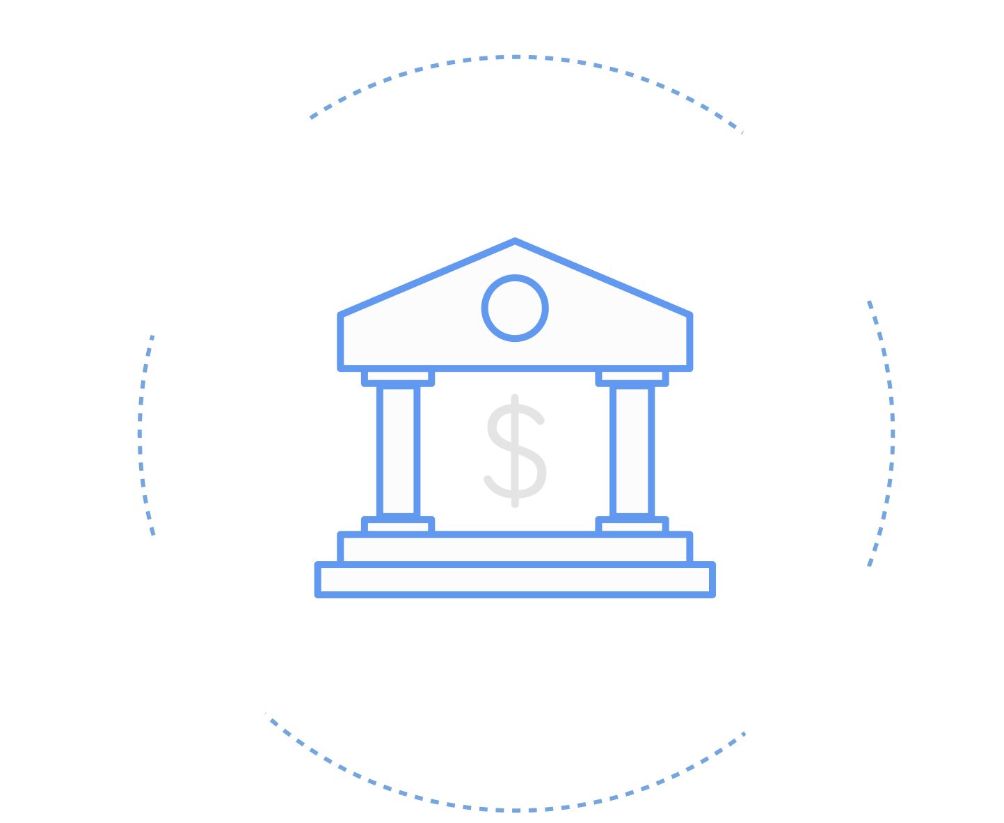 Illustration of a bank building surrounded by icons representing financial processes—budget tracking, documentation, loan files, and reporting dashboards—connected by dotted lines.