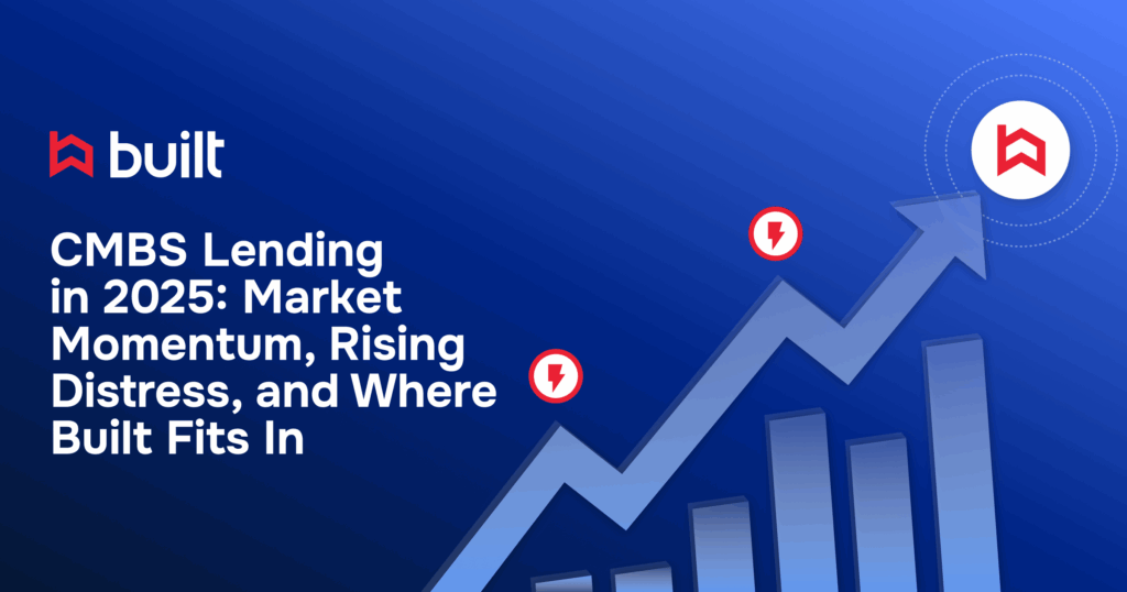 Built’s CMBS lending graphic showing a rising blue arrow and bar chart to illustrate 2025 market momentum, growing distress, and the platform’s role.