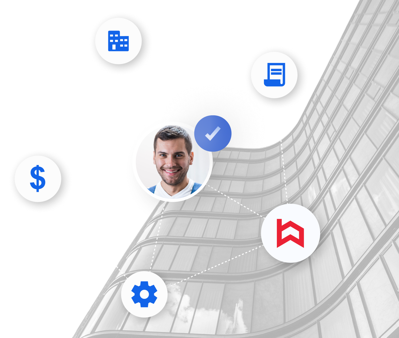 Illustration of an HBF loan administrator connected to construction finance workflow icons over a modern building backdrop.