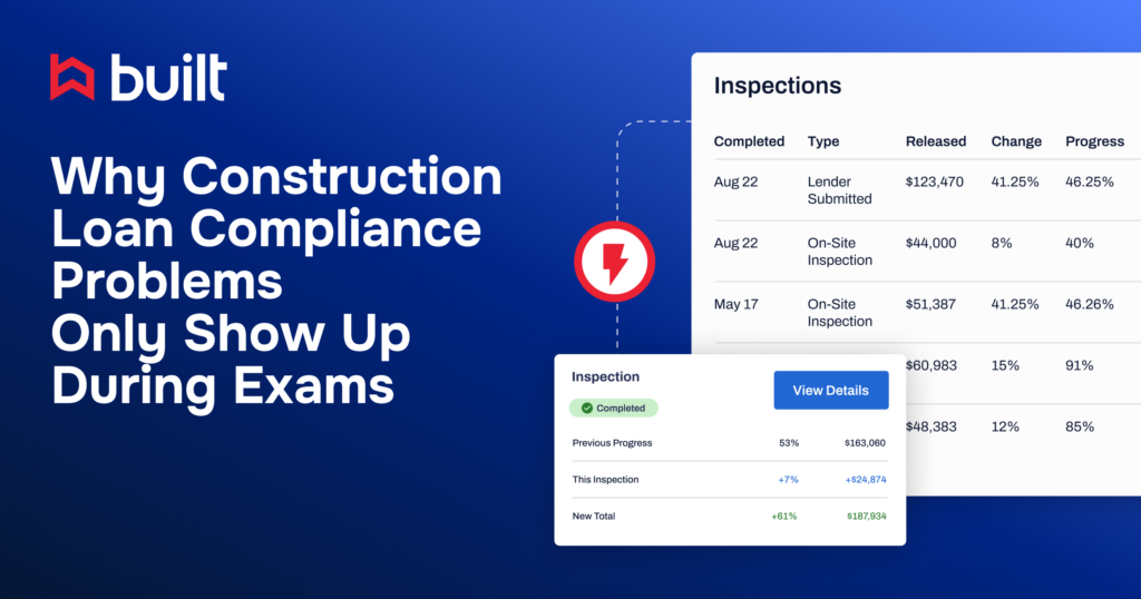 Built dashboard showing construction loan inspections, released funds, and progress tracking, highlighting compliance visibility.