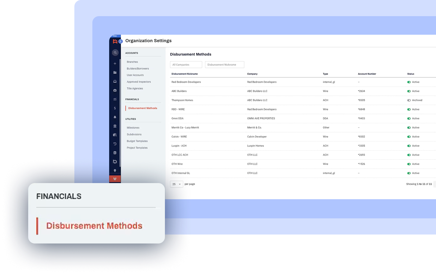Organization Settings screen showing Disbursement Methods list with ACH, wire, and internal GL payment options for construction loan management.