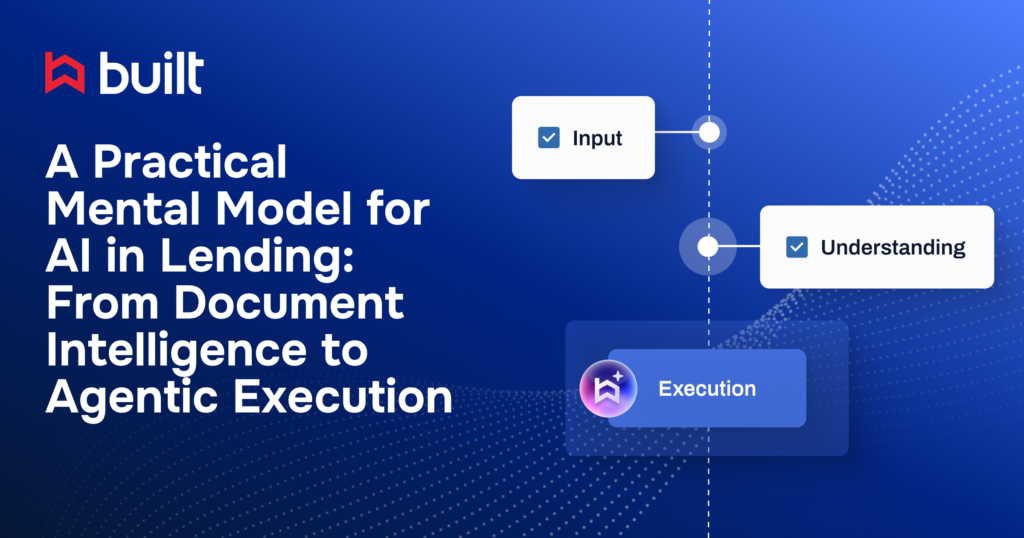 Built-branded illustration titled “A Practical Mental Model for AI in Lending,” showing a timeline from input to understanding to execution, representing document intelligence evolving into agentic execution.