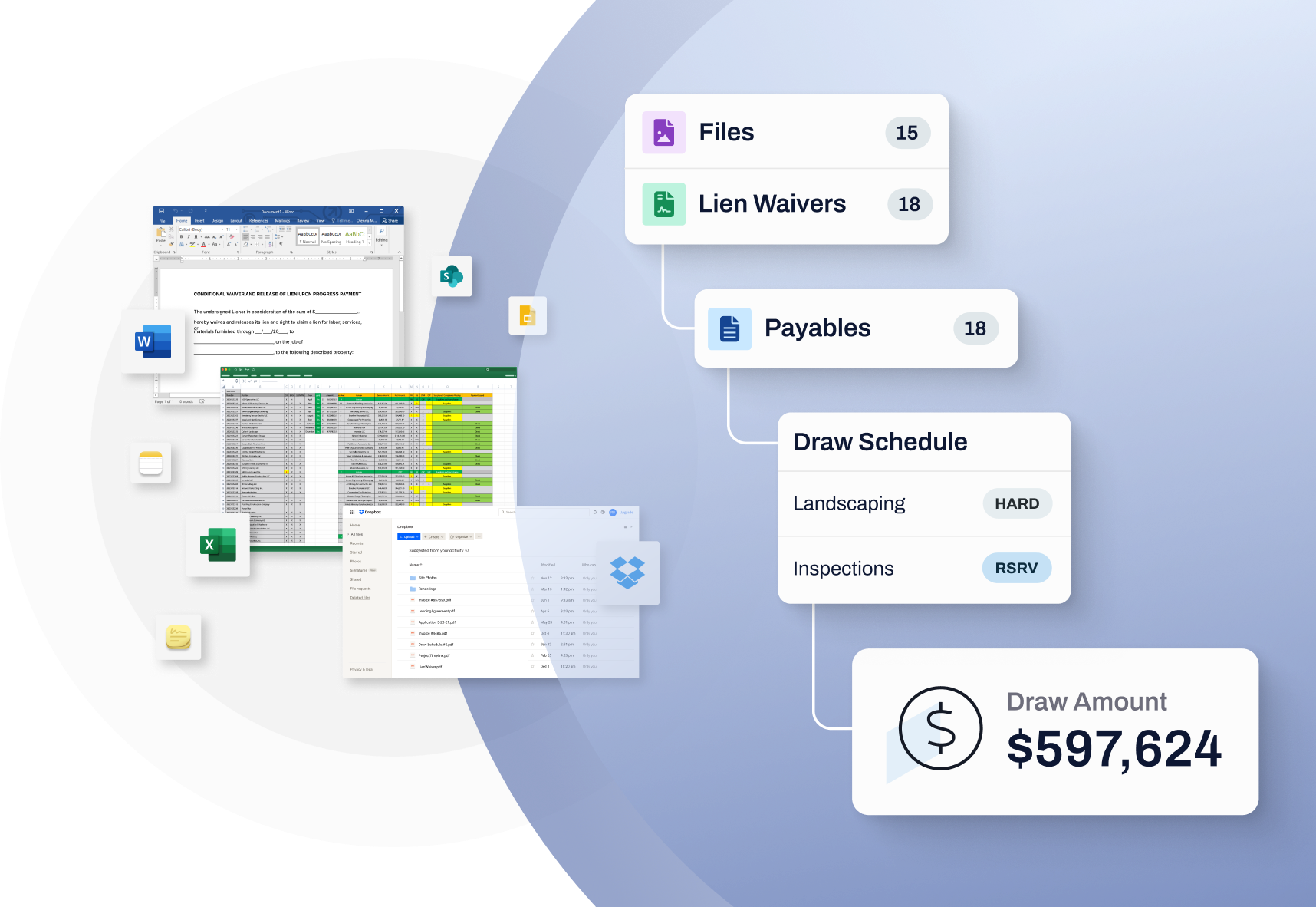 Construction loan workflow showing files, lien waivers, payables, draw schedule, and automated draw amount calculation