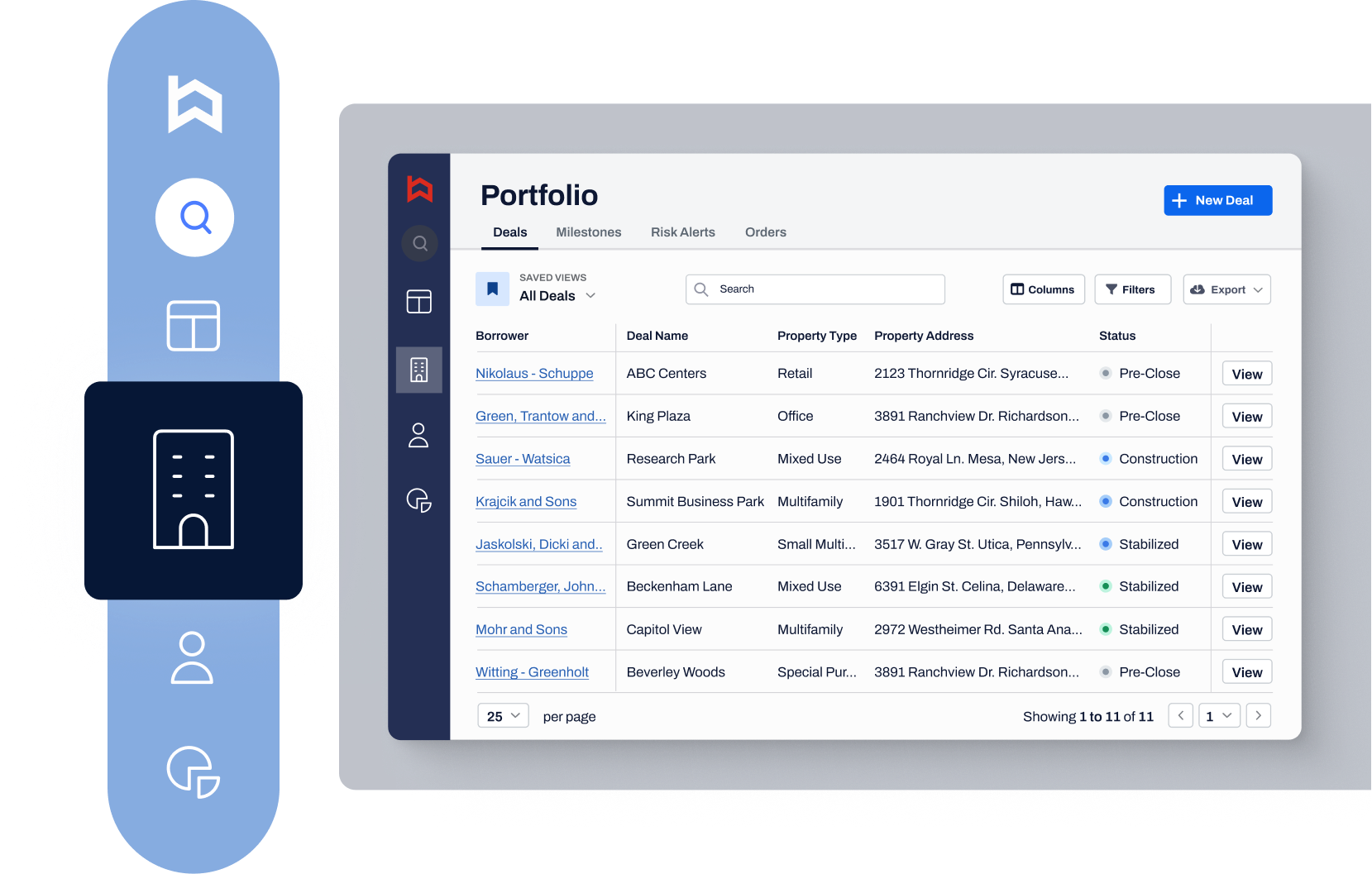 Built real estate lending software portfolio dashboard showing active deals, borrower names, property types, addresses, and loan status across a portfolio view.