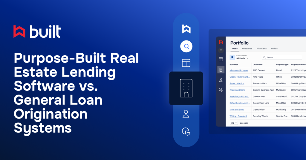Purpose-built real estate lending software from Built featuring a portfolio dashboard for tracking construction loan deals and property data.