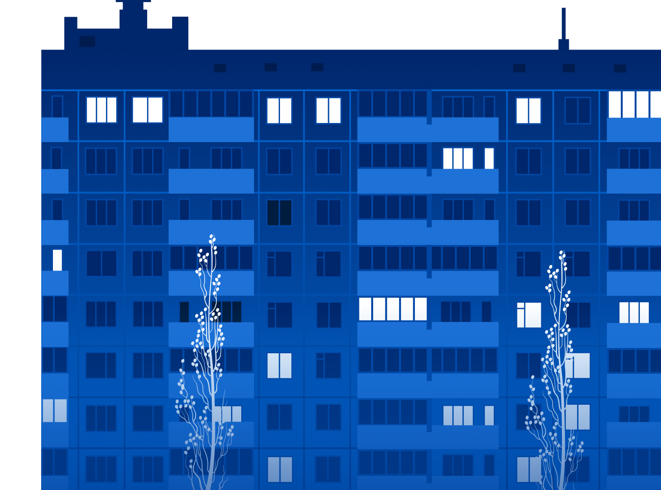 Illustrated apartment building facade with lit windows at night