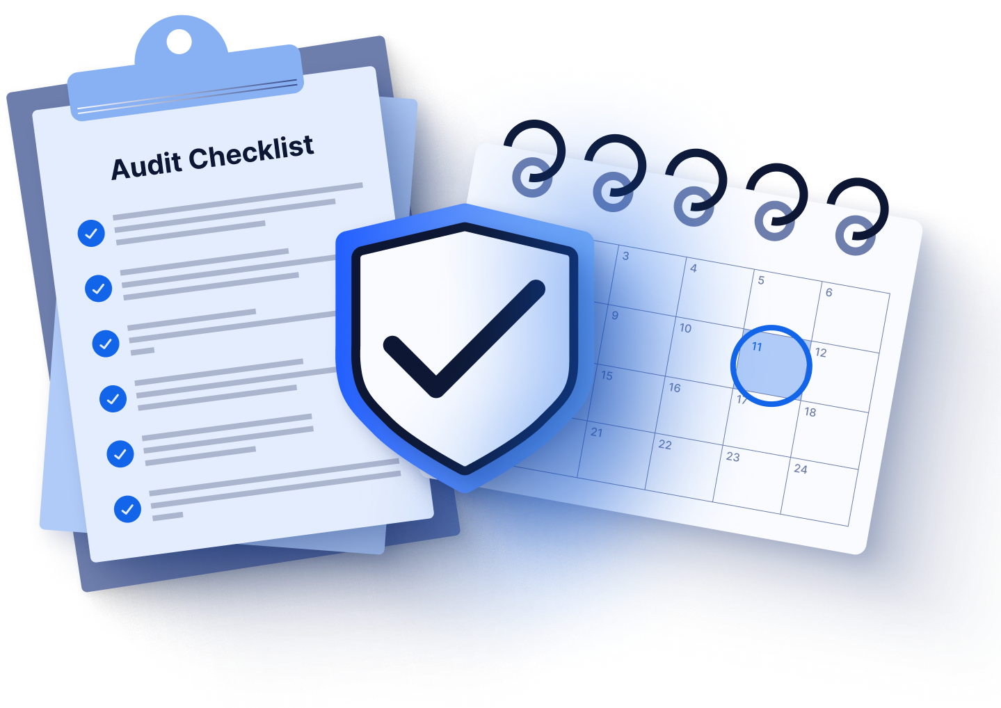 Audit checklist and calendar illustration with a security shield and checkmark, representing compliance reviews, vendor assessments, audit readiness, and scheduled security monitoring.