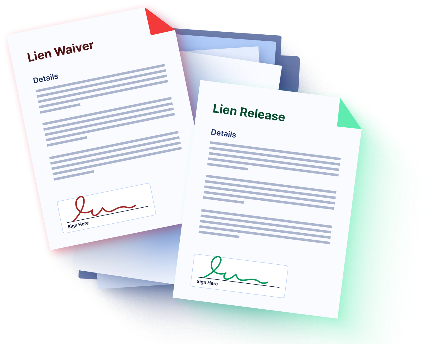Illustration comparing a lien waiver and lien release document with signatures, showing the difference between construction payment waiver forms and finalized lien release paperwork.