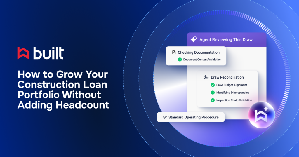 Promotional banner for Built with the headline: “How to Grow Your Construction Loan Portfolio Without Adding Headcount.” On the left, the Built logo and large white text appear against a dark blue background. On the right, an AI workflow illustration shows an “Agent Reviewing This Draw” panel with floating cards for “Checking Documentation” (including “Document Content Validation”), “Draw Reconciliation” (including “Draw Budget Alignment,” “Identifying Discrepancies,” and “Inspection Photo Validation”), and a “Standard Operating Procedure” label. Circular blue and purple gradient elements surround the interface.