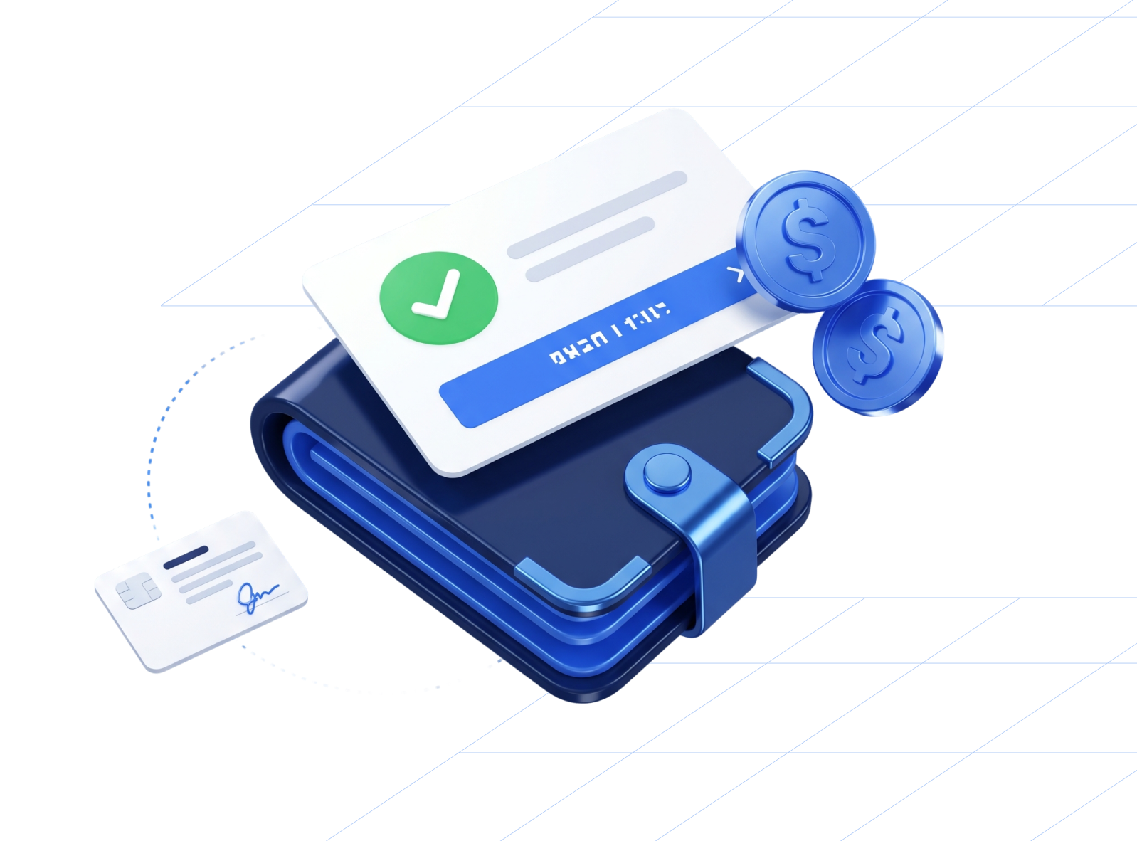 Digital payment and invoicing illustration featuring a wallet, payment card with approval checkmark, and currency coins, representing automated subcontractor invoicing, payment processing, and contractor payments.