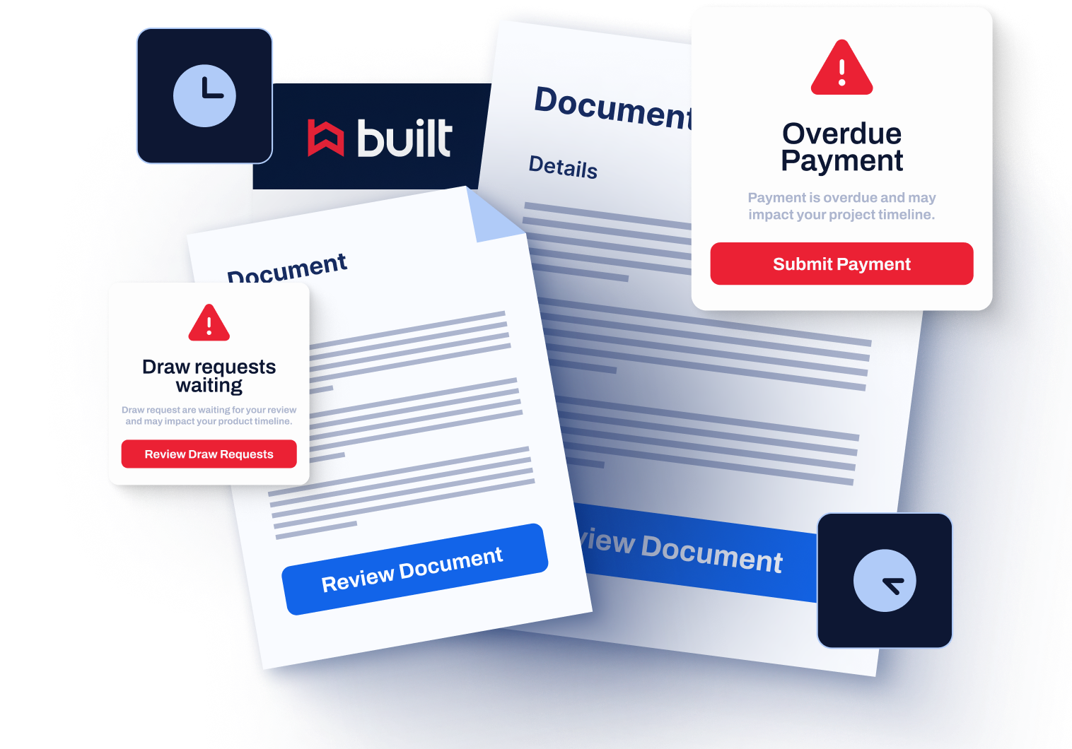 Illustration showing construction loan administration bottlenecks, including pending draw requests, overdue payments, document review delays, and approval timelines that can impact project funding and schedules.
