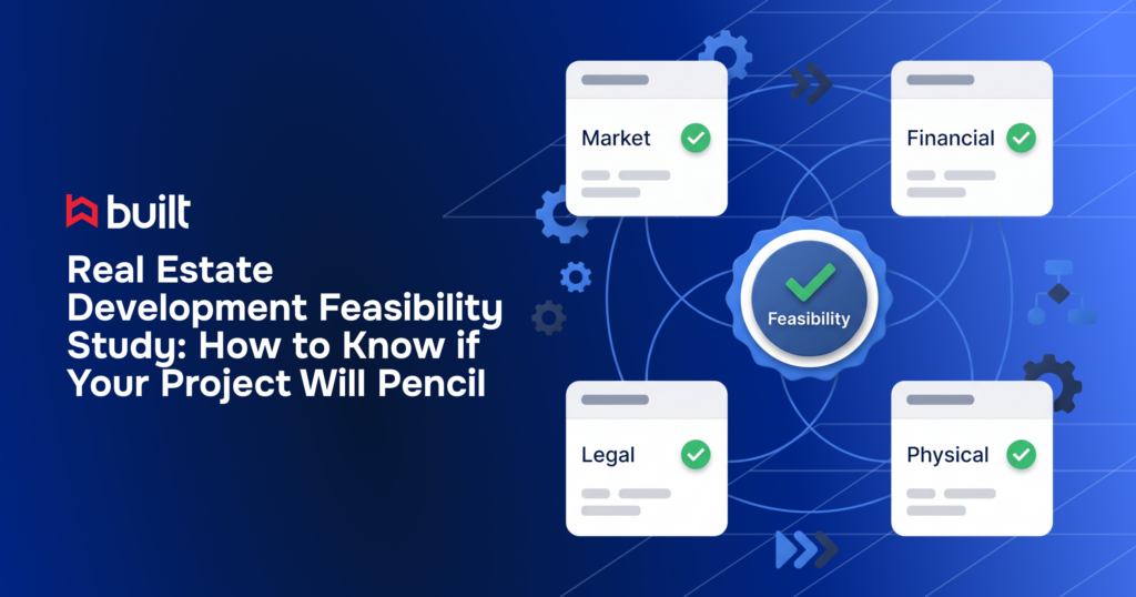 Built-branded graphic titled “Real Estate Development Feasibility Study: How to Know if Your Project Will Pencil.” The left side features the Built logo and article title on a dark blue background. On the right, an illustration shows four feasibility study components—Market, Financial, Legal, and Physical—connected around a central feasibility badge with a green checkmark, representing the key factors used to evaluate a development project’s viability.