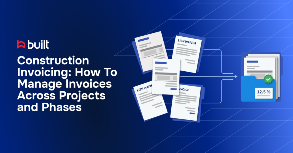 Construction invoicing illustration showing invoices and lien waivers being consolidated into a verified project file, representing invoice management across multiple construction projects and phases.