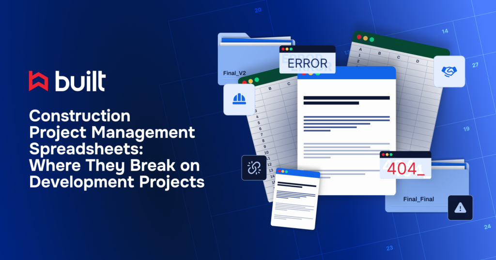 Built illustration showing spreadsheets, disconnected documents, version control issues, and data errors in construction project management, highlighting the limitations of spreadsheet-based project tracking.