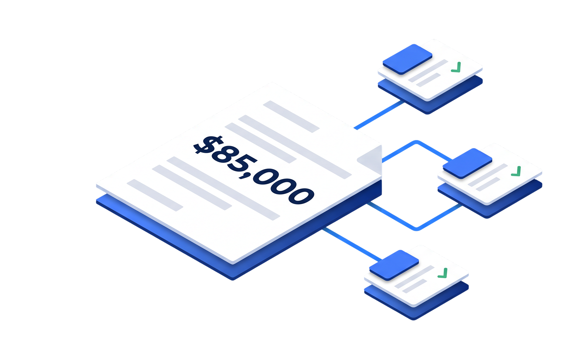 Illustration of an $85,000 construction payment document connected to three verified approval cards, representing fund verification and payment approval workflows before contractor disbursement.