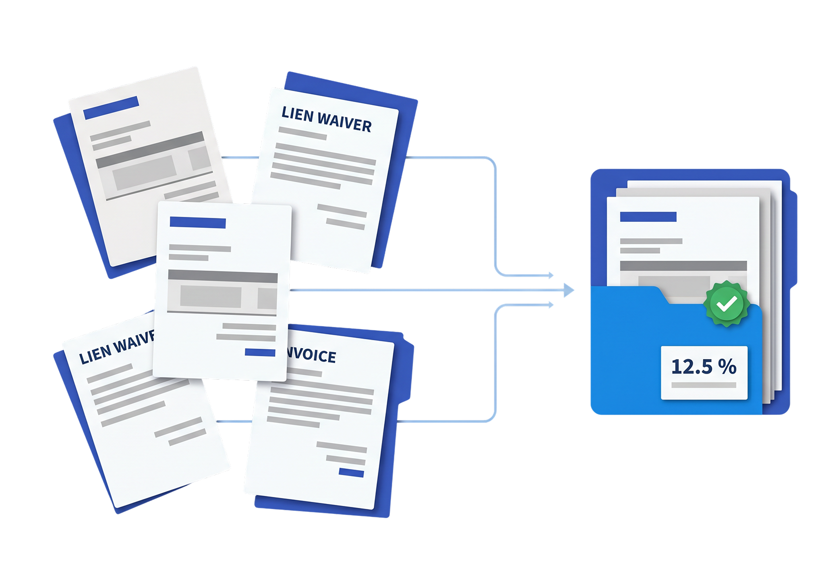 Illustration of construction invoices and lien waivers flowing into a verified project document folder, representing centralized invoice processing, document management, and payment tracking across projects.