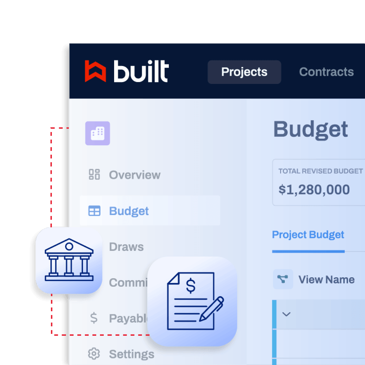 Close-up of Built's construction lending dashboard showing Budget, Draws, Commitments, and Payables navigation with a $1,280,000 budget, linked to bank and invoice icons that represent draw and payment verification.