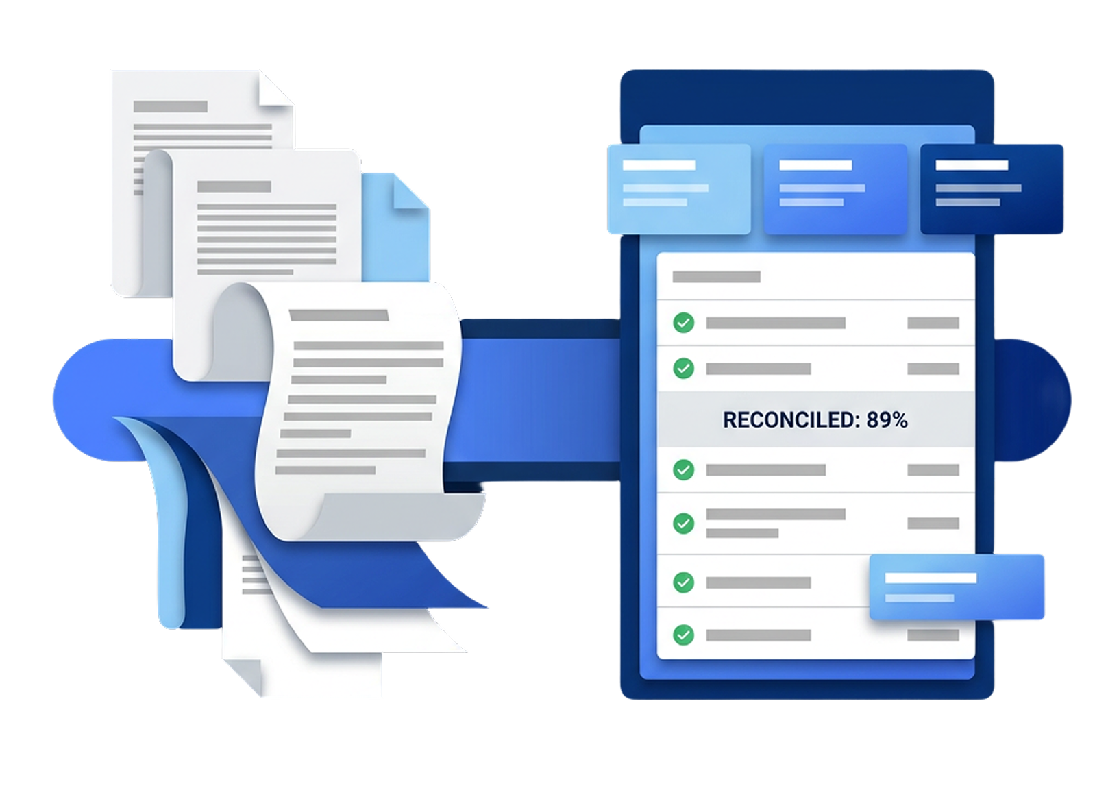 Illustration of construction cost forecasting with project documents flowing into a digital reconciliation dashboard showing budget items and 89% reconciled progress.