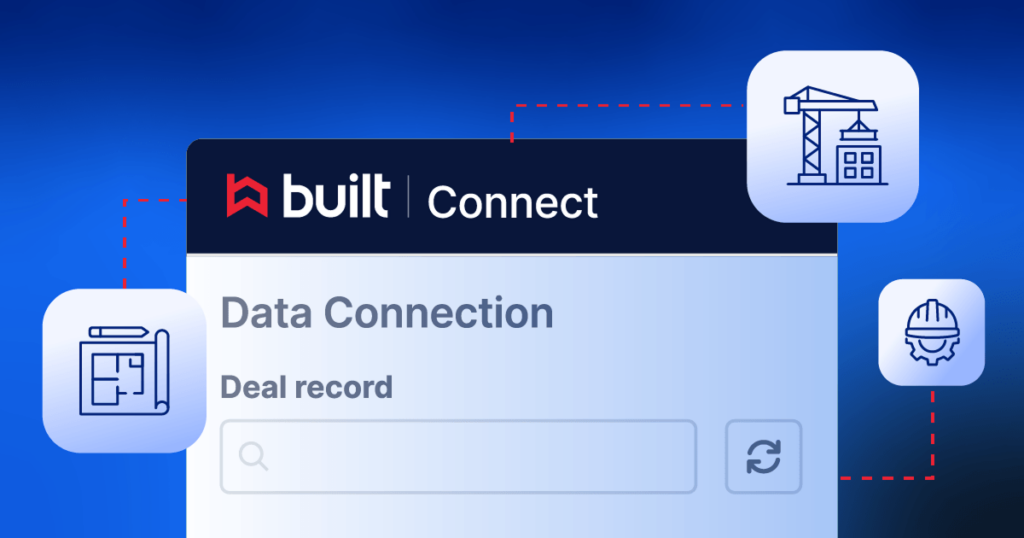 Built Connect Data Connection interface showing a deal record search with connected construction workflow icons for general contractors.