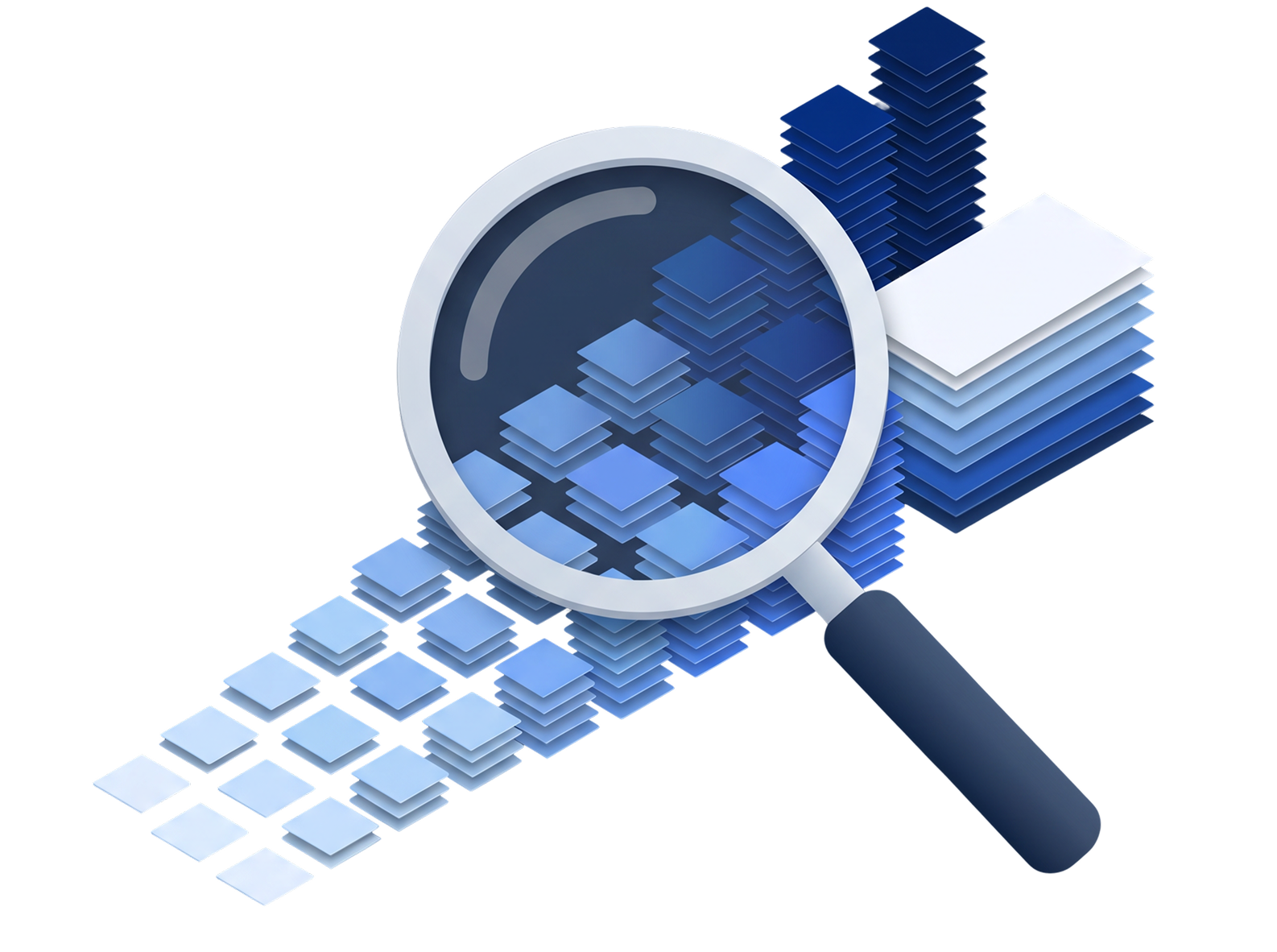 Illustration of a magnifying glass examining stacked blue layers representing construction budget line items, contingency funds, and cost analysis.