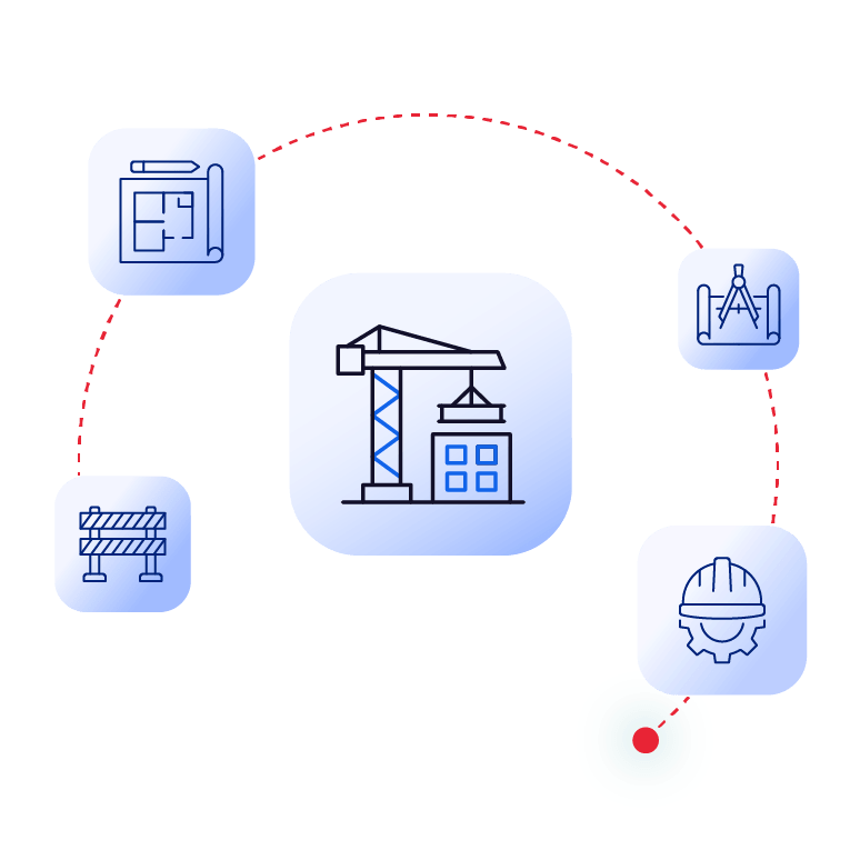 Illustration of a general contractor coordinating construction plans, site work, surveying, workforce, and project execution throughout a building project.