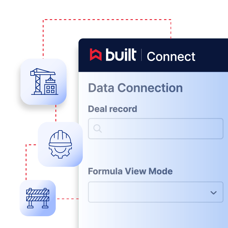 Built Connect Data Connection form with deal record search and formula view mode fields connected to construction workflow icons for general contractors.